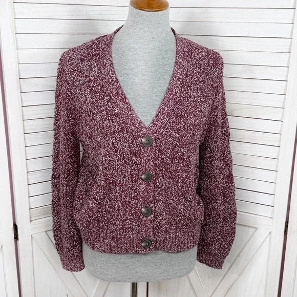 Old Navy Marled Pointelle Knit V Neck Crop Cardigan Sweater Burgundy Red Small - Picture 1 of 14
